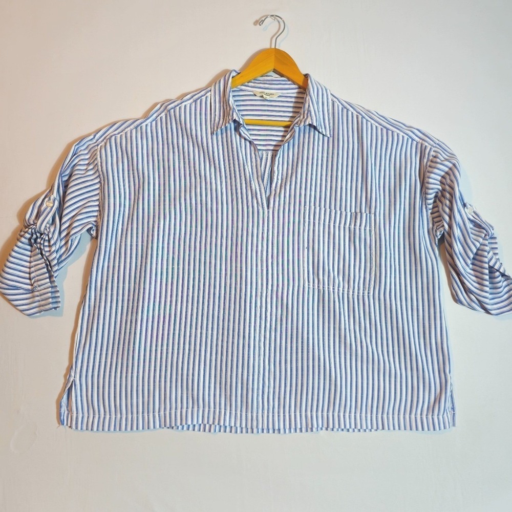 Preppy Max Studio Striped Roll Tab Sleeve Blouse Top Women's 2X Blue